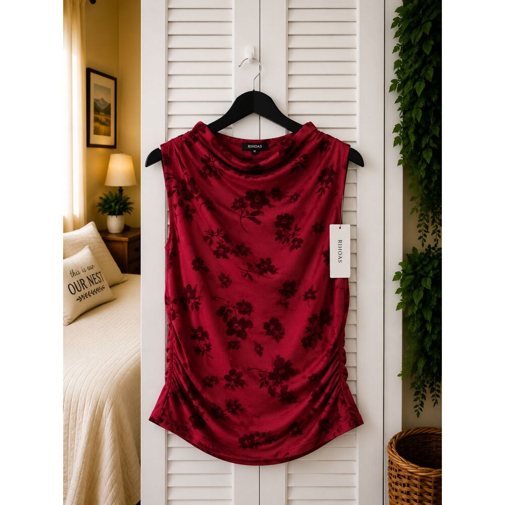 RIHOAS Red Floral Ruched Sleeveless Top Medium NWT